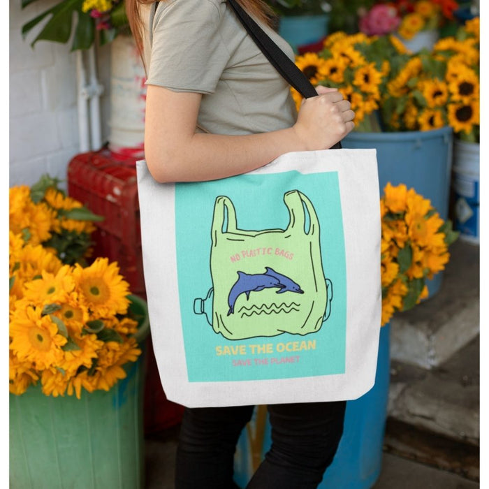Earth-Saving Dolphins Edition Medium Shopper Tote Bag: white, black dolphin and ocean conservation theme, cartoon illustratio