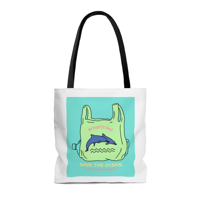 Earth-Saving Dolphins Edition Medium Shopper Tote Bag: white, black dolphin and ocean conservation theme, cartoon illustratio