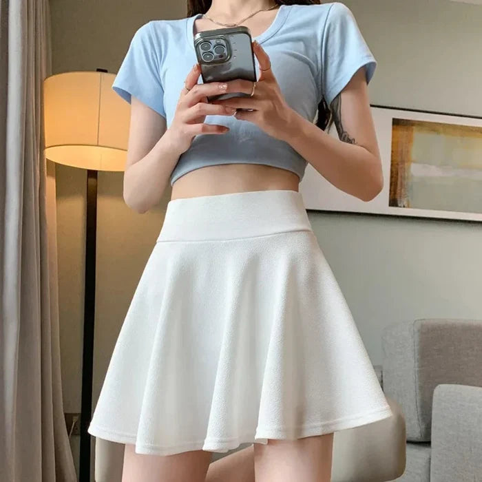 Elastic Skater Mini Skirt with High Waist: black, burgundy red outfit/clothing, casual streetwear style