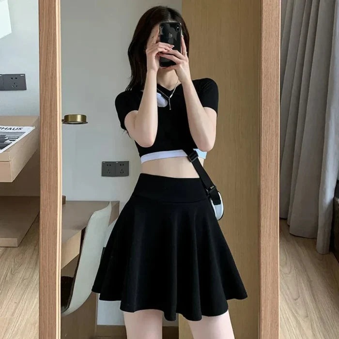 Elastic Skater Mini Skirt with High Waist: black, burgundy red outfit/clothing, casual streetwear style