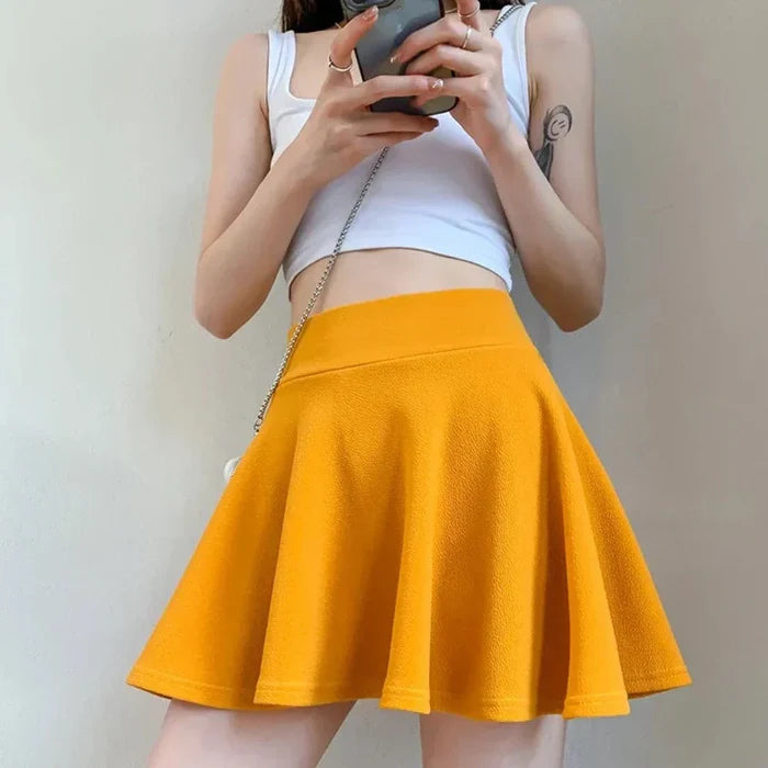Elastic Skater Mini Skirt with High Waist: black, burgundy red outfit/clothing, casual streetwear style