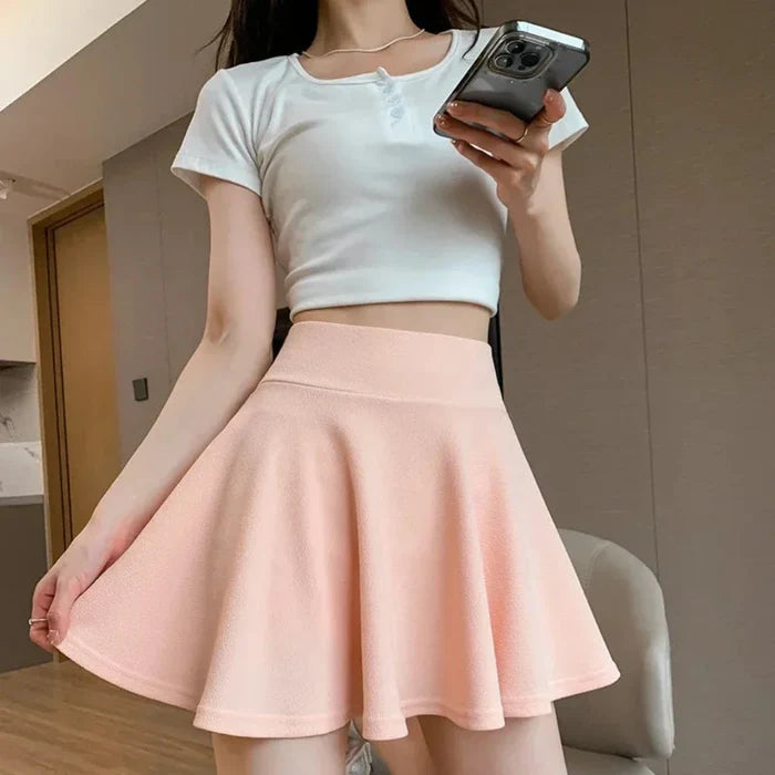 Elastic Skater Mini Skirt with High Waist: black, burgundy red outfit/clothing, casual streetwear style