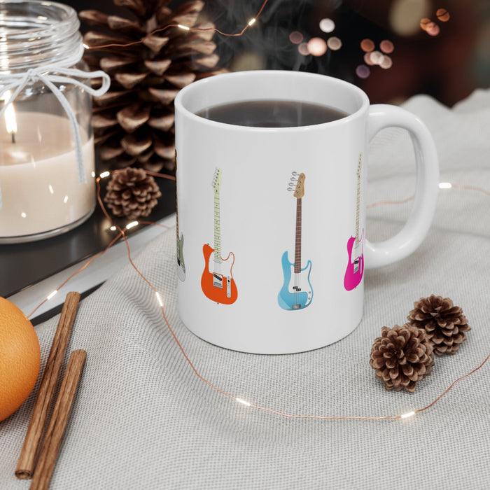 Electric Guitar Design Coffee/Tea Mug: white, black electric guitars, minimal cartoon graphic style