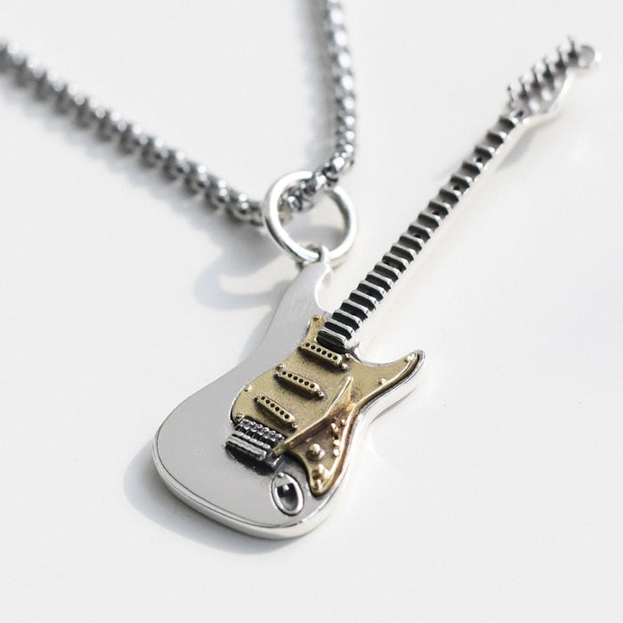 Electric Guitar Necklace with a Two Tone Design: silver, gold electric guitar, detailed miniature style