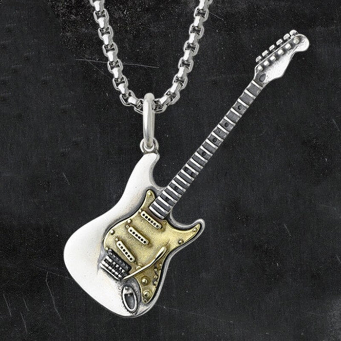 Electric Guitar Necklace with a Two Tone Design: silver, gold electric guitar, detailed miniature style