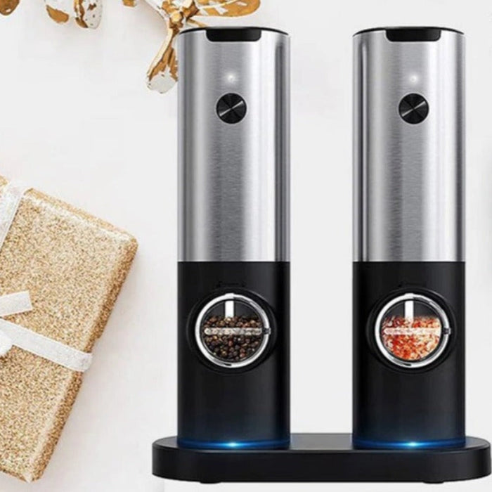 Electric Salt Mill Set with 2 Bottles: silver, black electric spice grinder set with charging base, modern minimal style