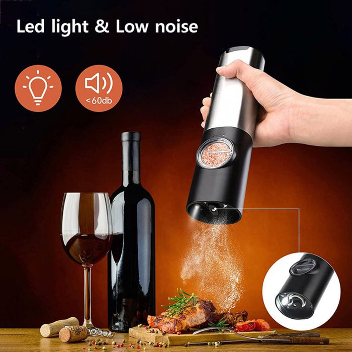 Electric Salt Mill Set with 2 Bottles: silver, black electric spice grinder set with charging base, modern minimal style