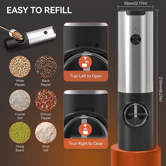 Electric Salt Mill Set with 2 Bottles: silver, black electric spice grinder set with charging base, modern minimal style