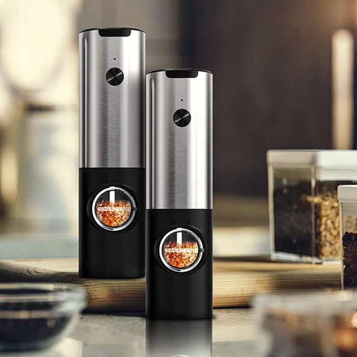 Electric Salt Mill Set with 2 Bottles: silver, black electric spice grinder set with charging base, modern minimal style