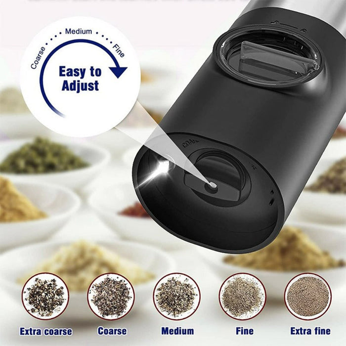 Electric Salt Mill Set with 2 Bottles: silver, black electric spice grinder set with charging base, modern minimal style