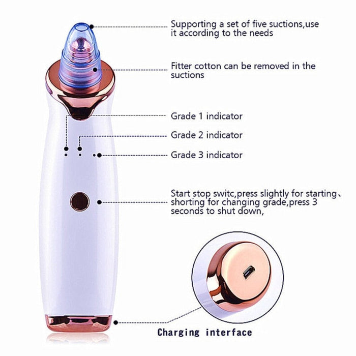 Electric Vacuum Blackhead Remover Device: white, silver handheld pore vacuum / blackhead remover device, modern cosmetic beau