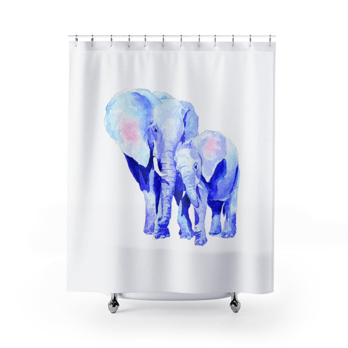 Elephant Shower Curtains for a Fortunate Mother and Baby Home Decor: white, blue two elephants, watercolor illustration style