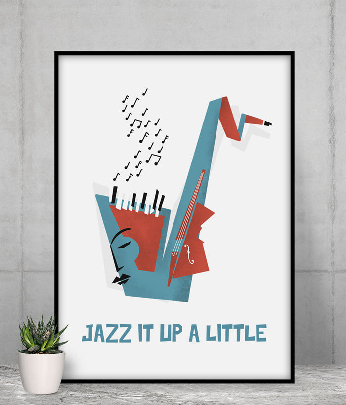 Elevate Your Space with a Fun Poster: white, black abstract jazz musician/saxophone theme, retro modern geometric illustratio