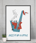 Elevate Your Space with a Fun Poster: white, black abstract jazz musician/saxophone theme, retro modern geometric illustratio