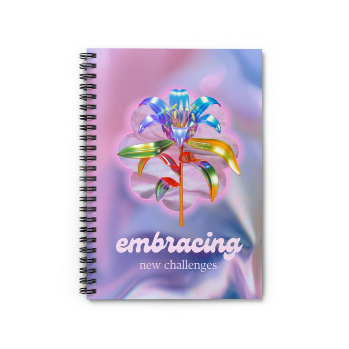 Embrace Fresh Obstacles Spiral Notebook: pink, purple stylized flower, colorful glossy graphic design style