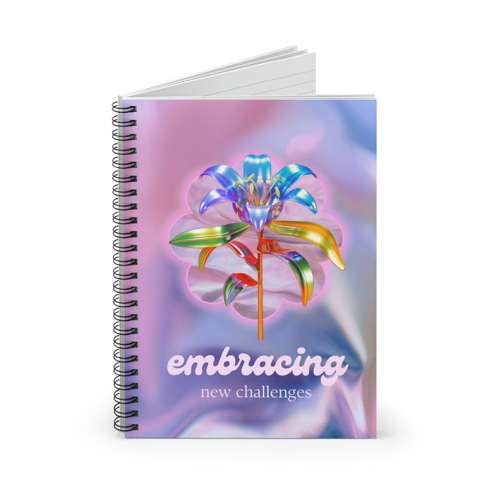 Embrace Fresh Obstacles Spiral Notebook: pink, purple stylized flower, colorful glossy graphic design style