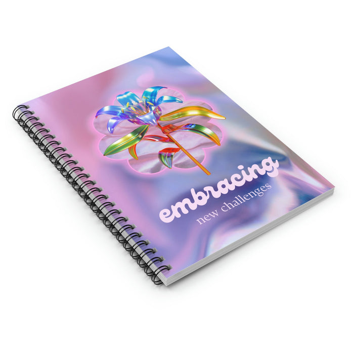 Embrace Fresh Obstacles Spiral Notebook: pink, purple stylized flower, colorful glossy graphic design style