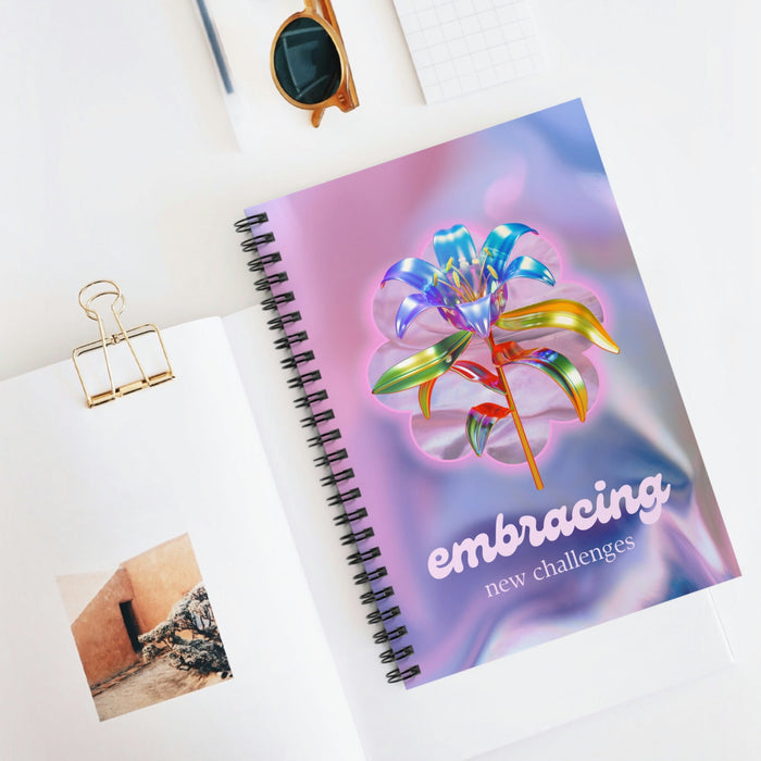 Embrace Fresh Obstacles Spiral Notebook: pink, purple stylized flower, colorful glossy graphic design style