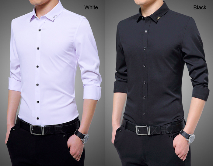 Embroidered Collar Men's Shirt: pink, black button-up shirt, minimal style