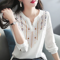 Embroidered Quarter Sleeve Women's V-neck Blouse: white, brown long-sleeve blouse, bohemian embroidered style