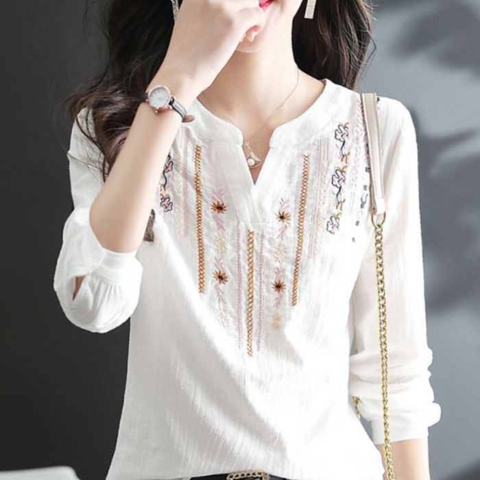 Embroidered Quarter Sleeve Women's V-neck Blouse: white, brown long-sleeve blouse, bohemian embroidered style