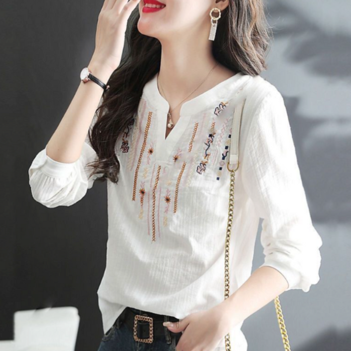 Embroidered Quarter Sleeve Women's V-neck Blouse: white, brown long-sleeve blouse, bohemian embroidered style