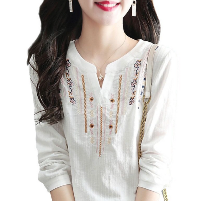 Embroidered Quarter Sleeve Women's V-neck Blouse: white, brown long-sleeve blouse, bohemian embroidered style