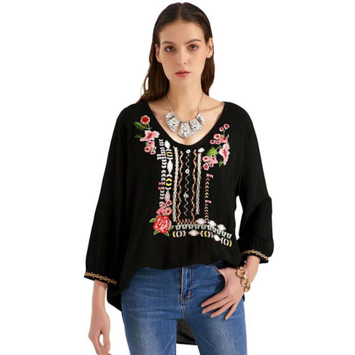 Embroidered Top with Three-Quarter Sleeves for Women: black, pink floral embroidery, bohemian style
