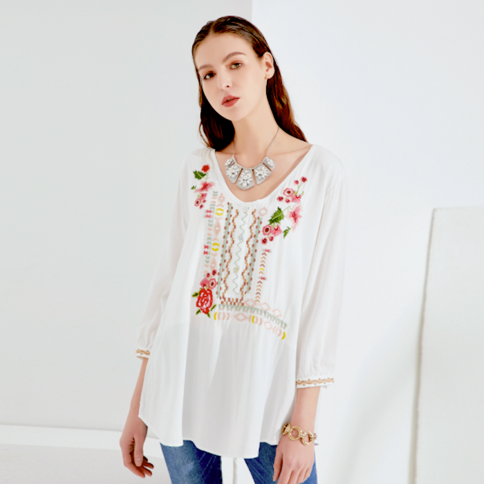 Embroidered Top with Three-Quarter Sleeves for Women: black, pink floral embroidery, bohemian style