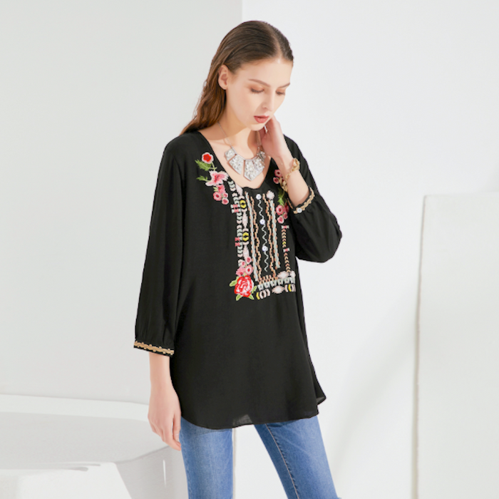 Embroidered Top with Three-Quarter Sleeves for Women: black, pink floral embroidery, bohemian style
