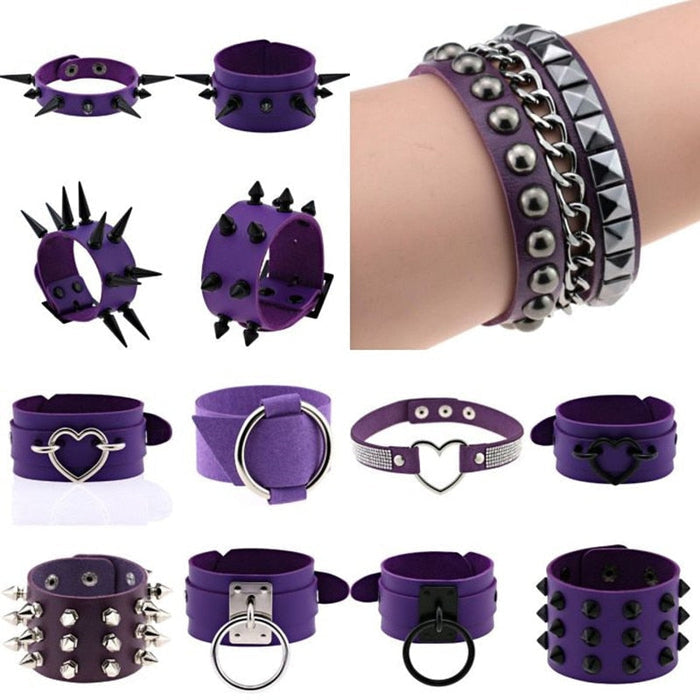 Emo Spike Wristlet in PU Leather: purple, black assorted bracelets, punk/goth style