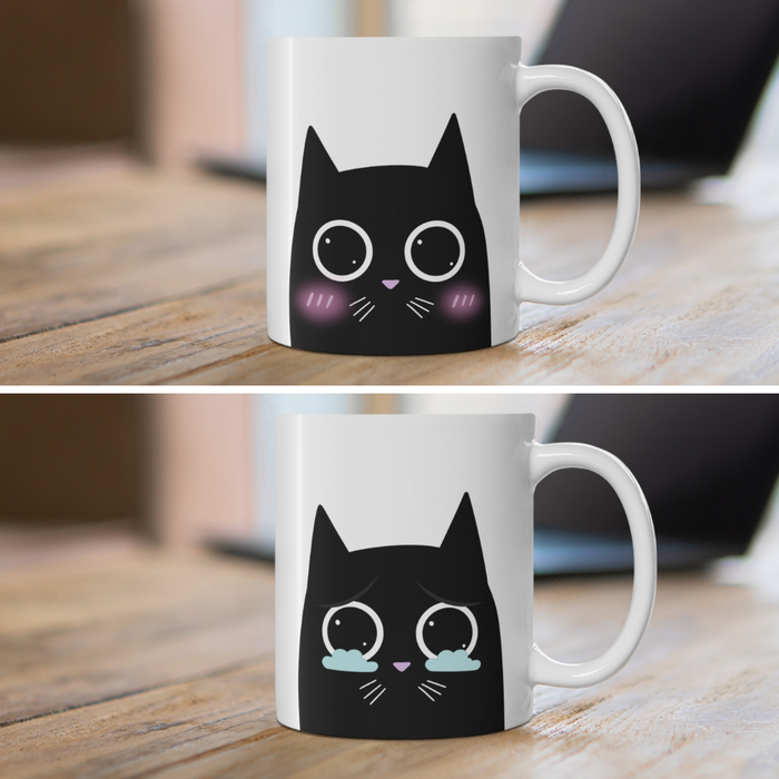 Emotive Feline White Mug Set, 2 Pieces: white, black black cartoon cat, kawaii cartoon style