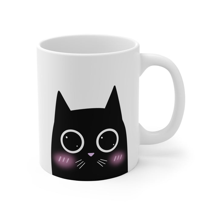 Emotive Feline White Mug Set, 2 Pieces: white, black black cartoon cat, kawaii cartoon style
