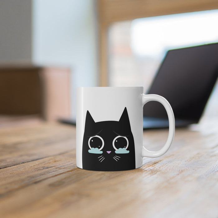 Emotive Feline White Mug Set, 2 Pieces: white, black black cartoon cat, kawaii cartoon style