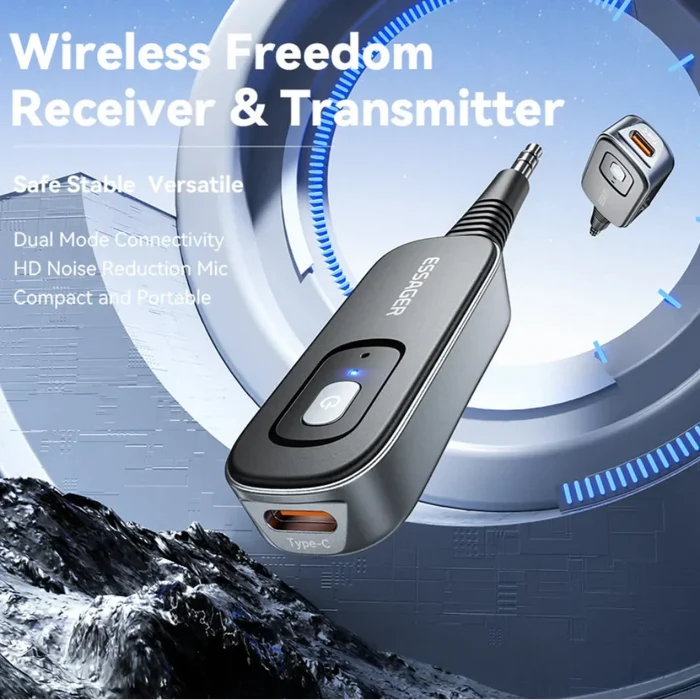 Enhanced Bluetooth 5.1 Audio Adapter: black, dark gray Bluetooth 5.1 3.5mm audio adapter, modern tech accessory style