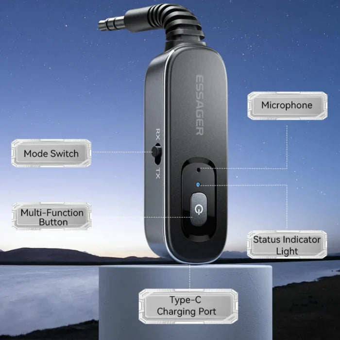 Enhanced Bluetooth 5.1 Audio Adapter: black, dark gray Bluetooth 5.1 3.5mm audio adapter, modern tech accessory style
