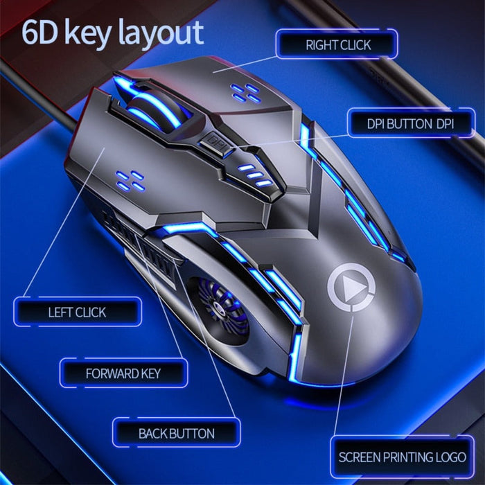 Enhanced Gaming Experience with 6 Button Dragon Mouse at 3200 DPI: black, blue computer mouse, gaming, futuristic style