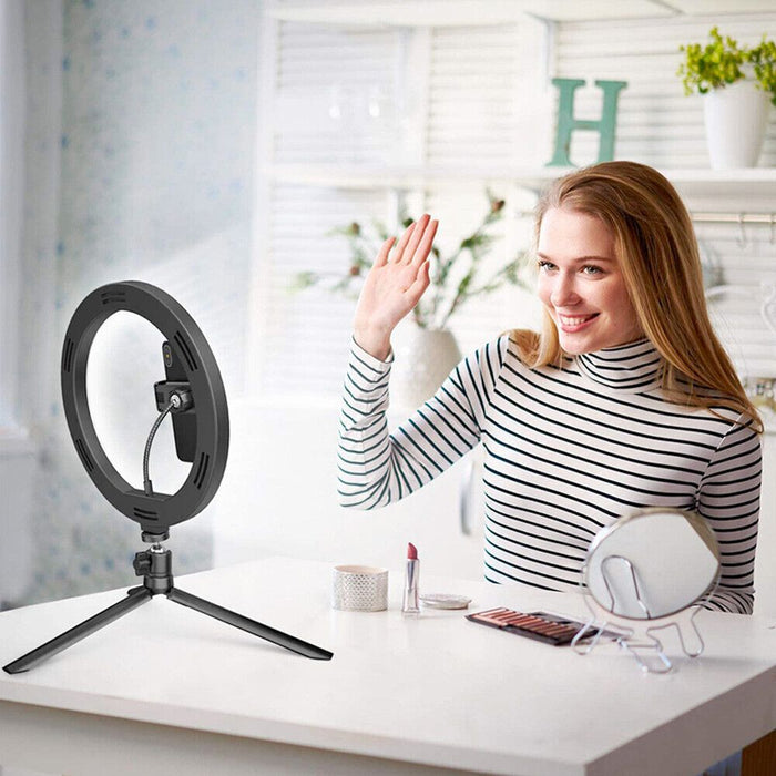 Enhanced LED Ring Light with Adjustable Stand: black ring light with tripod stand, minimal style