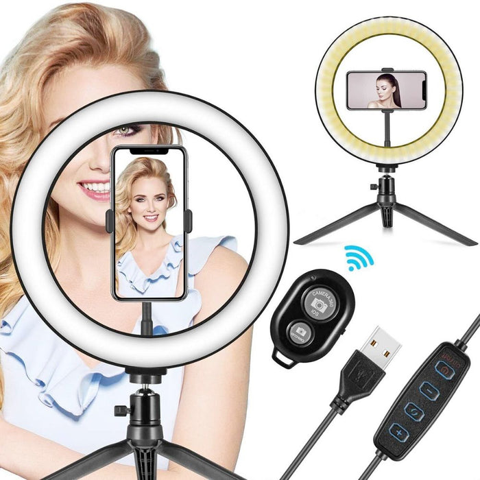 Enhanced LED Ring Light with Adjustable Stand: black ring light with tripod stand, minimal style