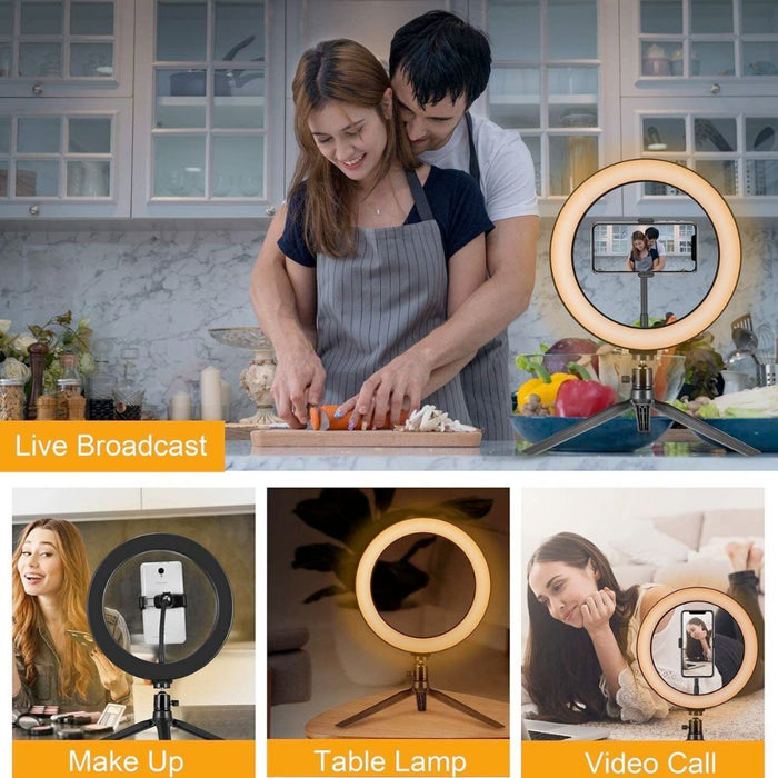 Enhanced LED Ring Light with Adjustable Stand: black ring light with tripod stand, minimal style