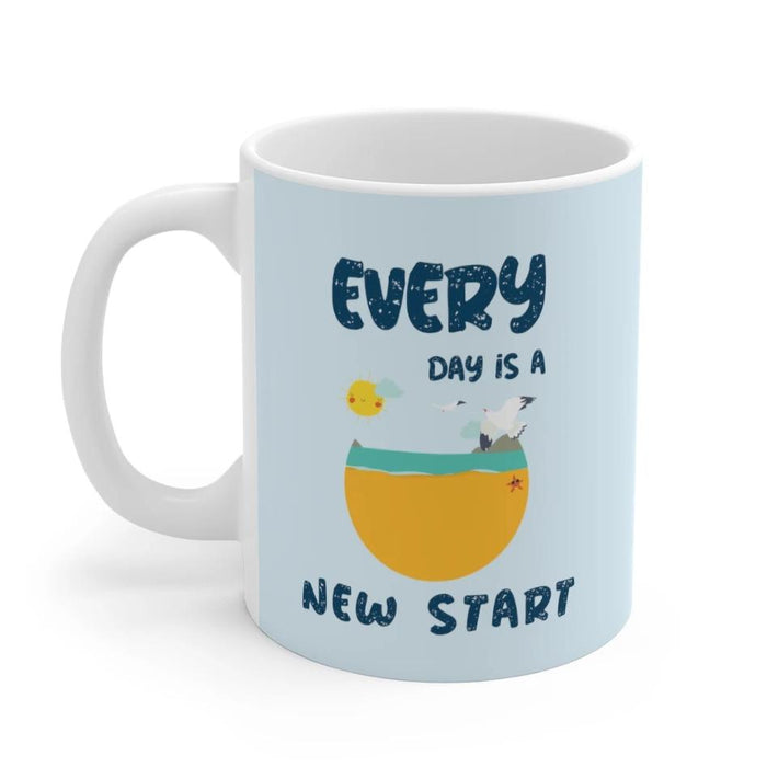 Every Day Brings a Fresh Beginning Mug: white, pale blue seagull and sun illustration, cartoon style