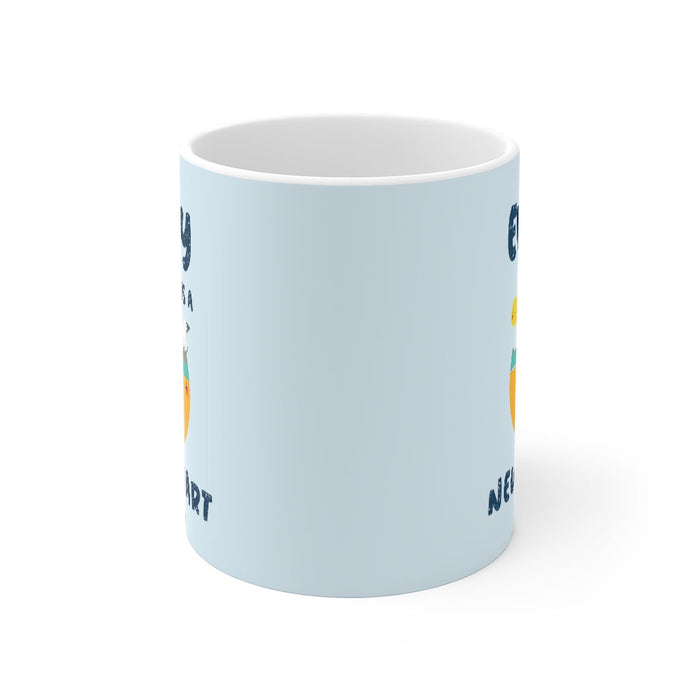 Every Day Brings a Fresh Beginning Mug: white, pale blue seagull and sun illustration, cartoon style