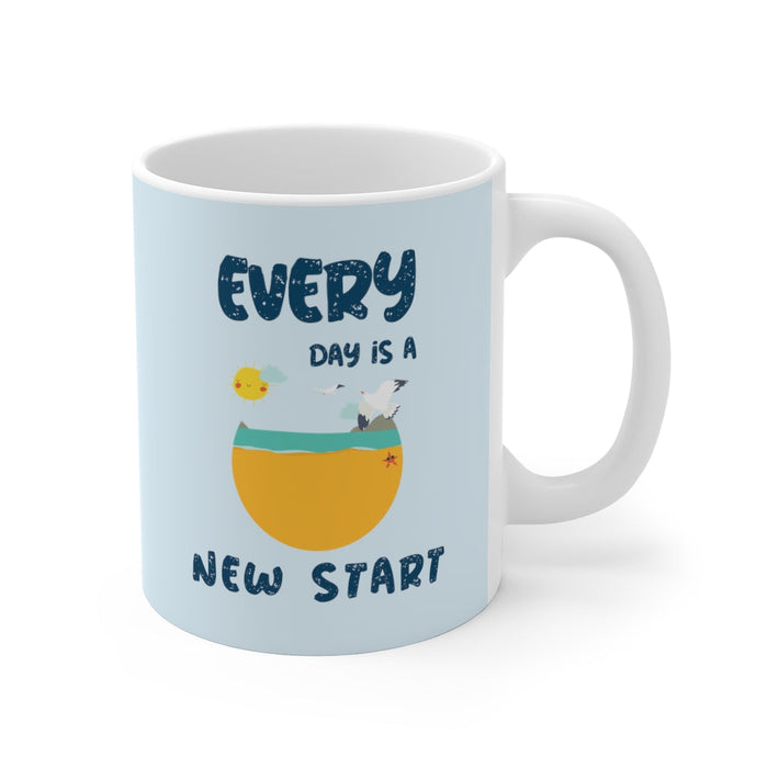 Every Day Brings a Fresh Beginning Mug: white, pale blue seagull and sun illustration, cartoon style