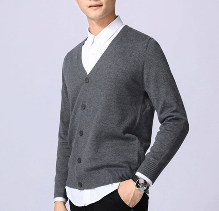Everyday Men's Knitted Button-Up Cardigan: burgundy, white button-front cardigan sweater, minimal style