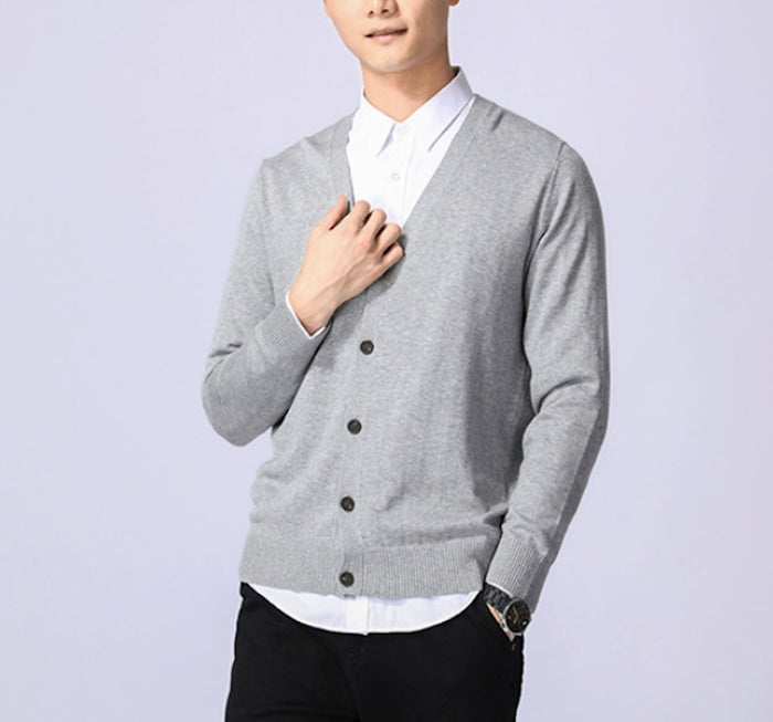 Everyday Men's Knitted Button-Up Cardigan: burgundy, white button-front cardigan sweater, minimal style