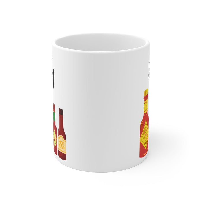 Extra Fiery Mug and Hot Sauce Combo: white, black spicy sauce bottles theme, cartoon style