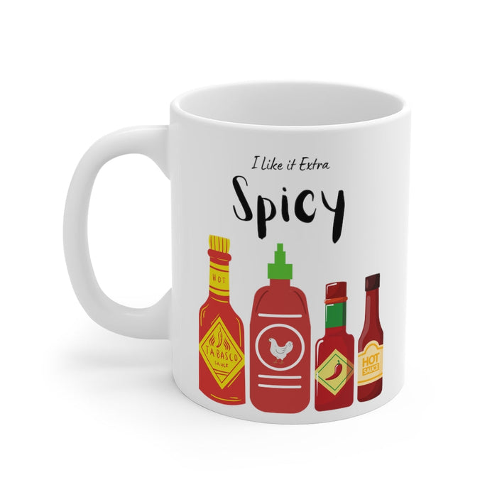 Extra Fiery Mug and Hot Sauce Combo: white, black spicy sauce bottles theme, cartoon style