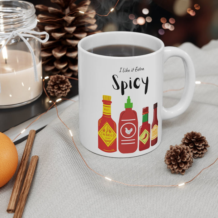 Extra Fiery Mug and Hot Sauce Combo: white, black spicy sauce bottles theme, cartoon style