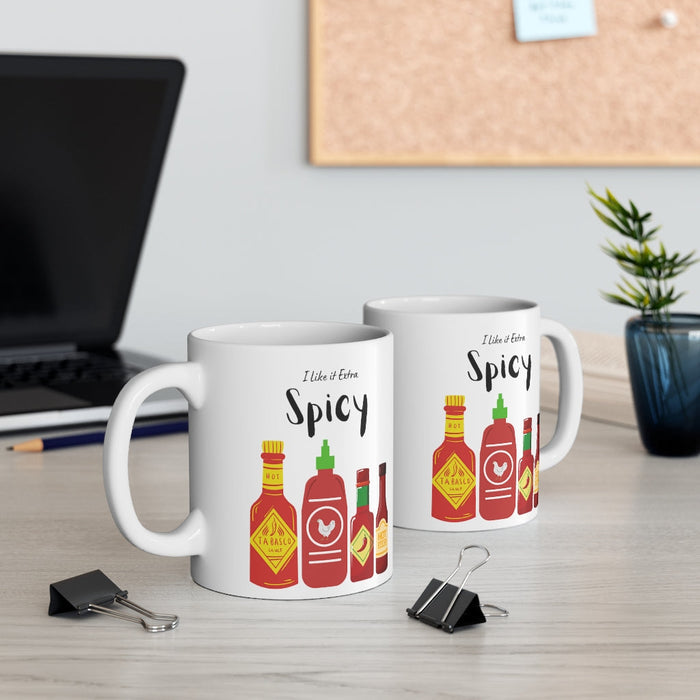 Extra Fiery Mug and Hot Sauce Combo: white, black spicy sauce bottles theme, cartoon style