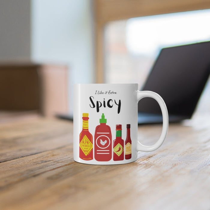 Extra Fiery Mug and Hot Sauce Combo: white, black spicy sauce bottles theme, cartoon style